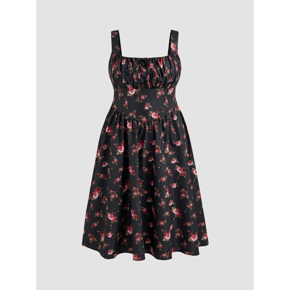 Cider Woven Floral Corset Ruffle Midi Dress Square Neck Small
